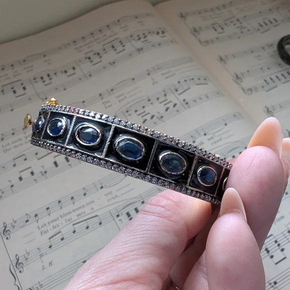 Gold-Tone Blue Sapphire Halo Bangle Bracelet - Picture 5 of 12